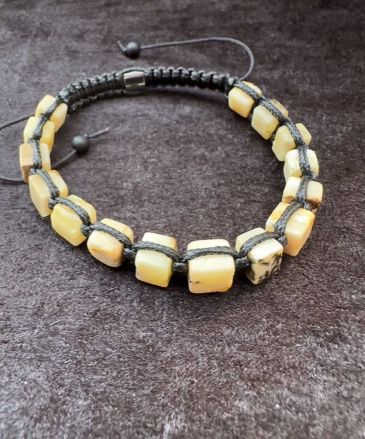 Makrome Örgü Fosilli Beyaz Baltık Damla Kehribar Bileklik