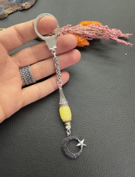 Damla Kehribar Taşlı Gümüş Anahtarlık