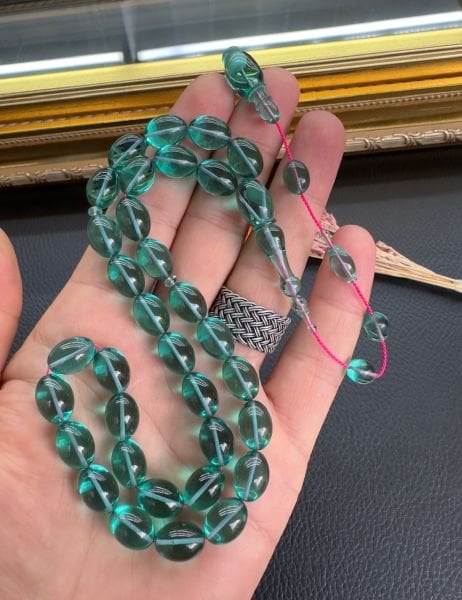 Turkuaz Renk Ateşi Sıkma Kehribar Tesbih