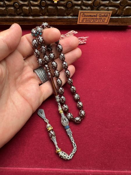 Badem Model Gümüş İşlemeli Ateş Kehribar Tesbih