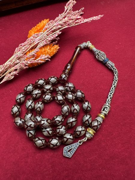 Badem Model Gümüş İşlemeli Ateş Kehribar Tesbih