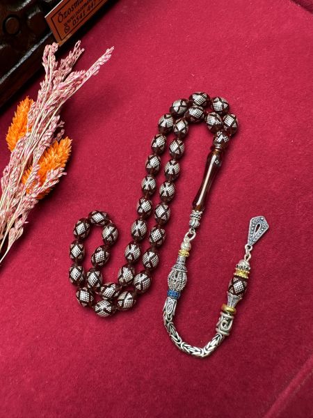 Badem Model Gümüş İşlemeli Ateş Kehribar Tesbih