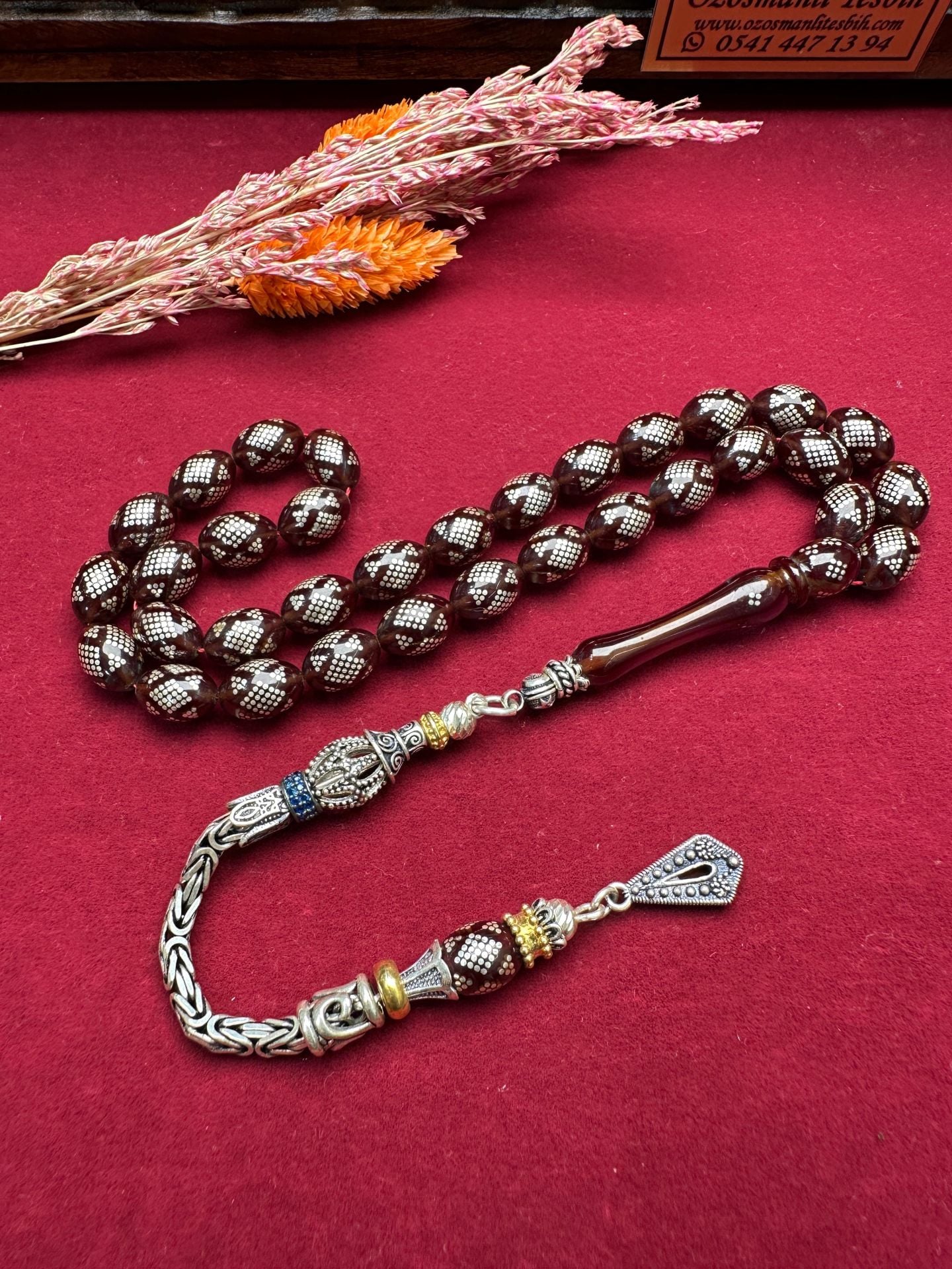 Badem Model Gümüş İşlemeli Ateş Kehribar Tesbih