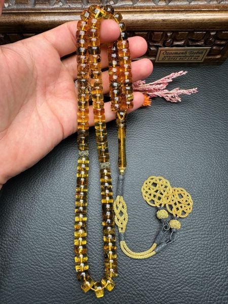 Basık ModelFosilli  Şeffaf 99'luk Rus Kaya Damla Kehribar Tesbih