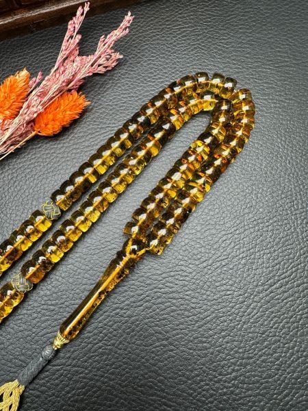 Basık ModelFosilli  Şeffaf 99'luk Rus Kaya Damla Kehribar Tesbih