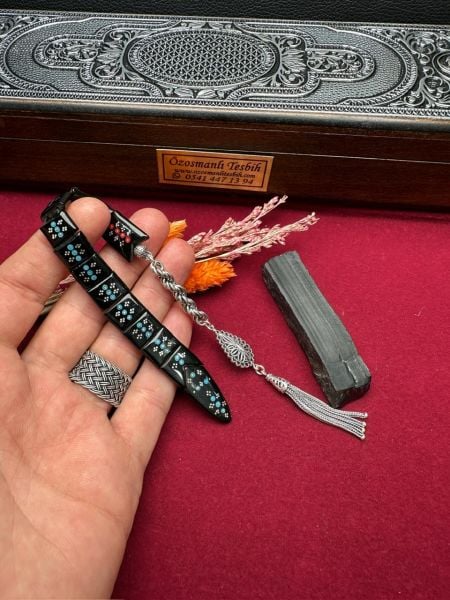 Gümüş İşlemeli Erzurum Oltu Taşı Balık Tesbih