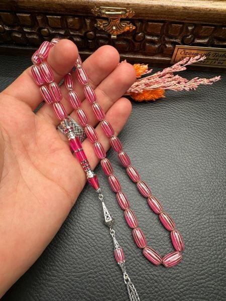 Gümüş  Yarma İşlemeli Ateş Kehribar Tesbih