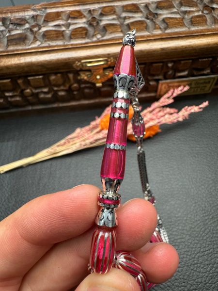 Gümüş  Yarma İşlemeli Ateş Kehribar Tesbih