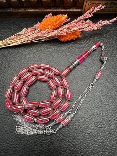 Gümüş  Yarma İşlemeli Ateş Kehribar Tesbih