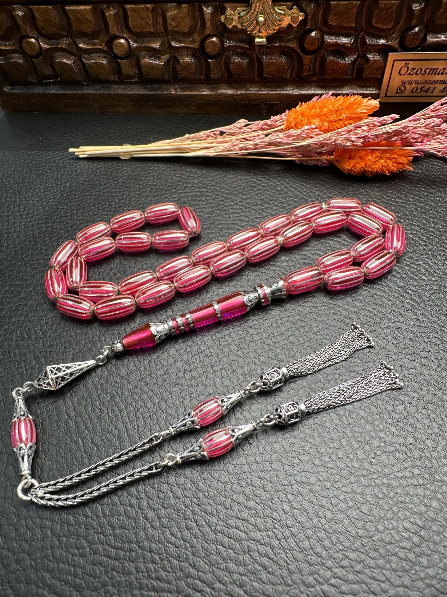 Gümüş  Yarma İşlemeli Ateş Kehribar Tesbih