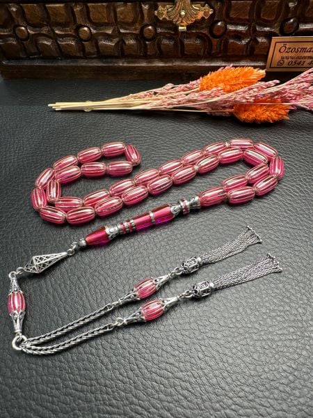 Gümüş  Yarma İşlemeli Ateş Kehribar Tesbih