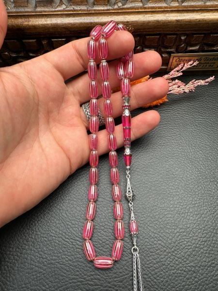 Gümüş  Yarma İşlemeli Ateş Kehribar Tesbih