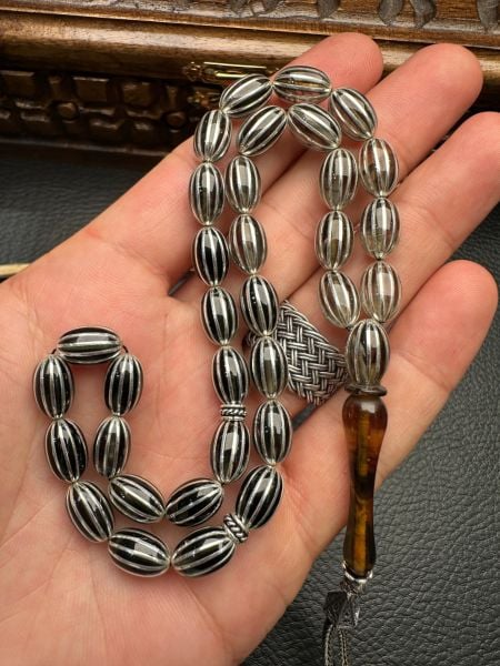 Gümüş  Yarma İşlemeli Ateş Kehribar Tesbih