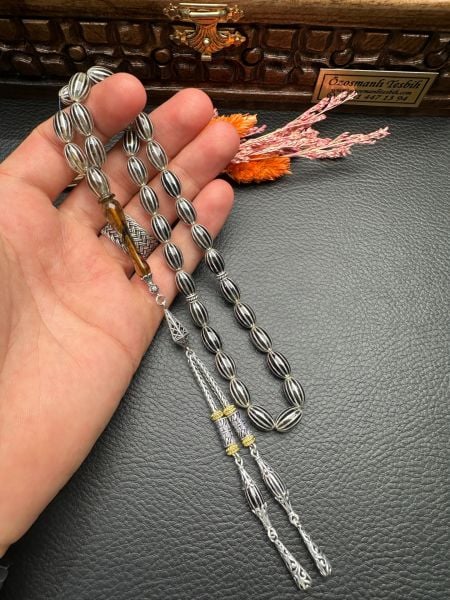 Gümüş  Yarma İşlemeli Ateş Kehribar Tesbih