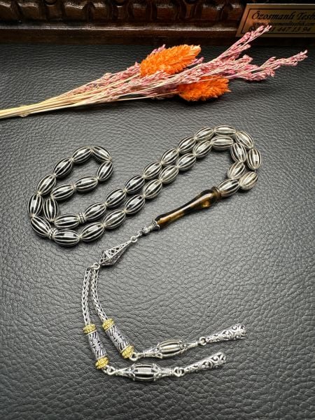 Gümüş  Yarma İşlemeli Ateş Kehribar Tesbih