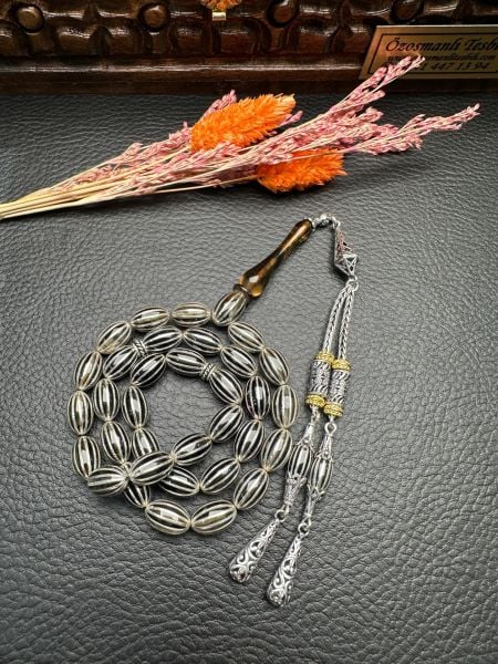 Gümüş  Yarma İşlemeli Ateş Kehribar Tesbih