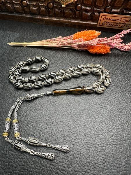 Gümüş  Yarma İşlemeli Ateş Kehribar Tesbih