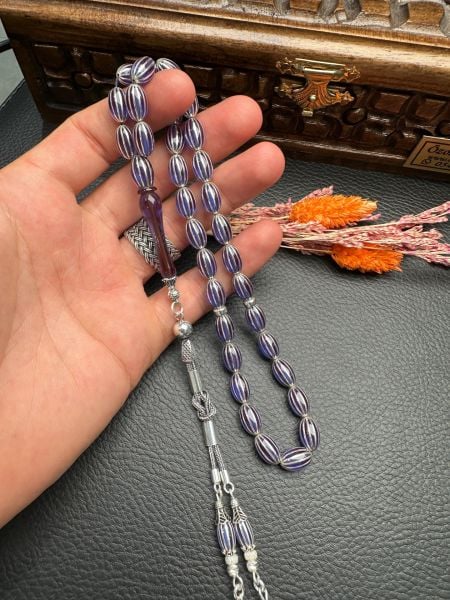 Gümüş  Yarma İşlemeli Ateş Kehribar Tesbih