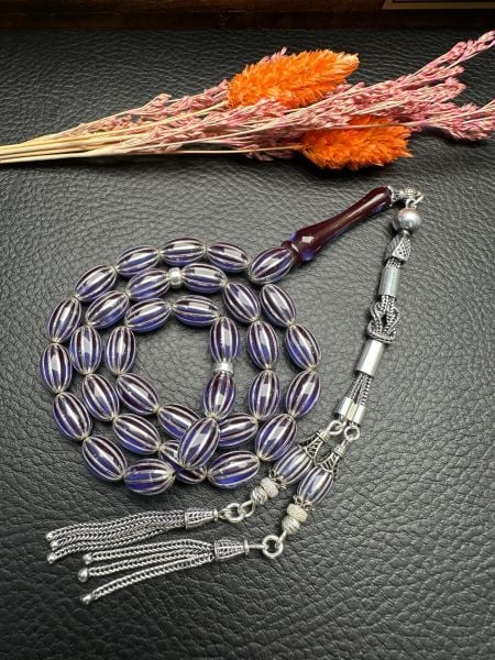 Gümüş  Yarma İşlemeli Ateş Kehribar Tesbih