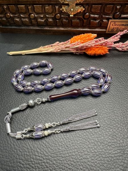 Gümüş  Yarma İşlemeli Ateş Kehribar Tesbih