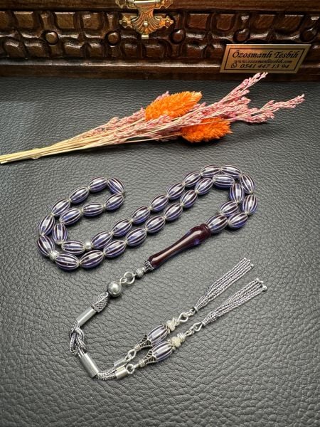 Gümüş  Yarma İşlemeli Ateş Kehribar Tesbih