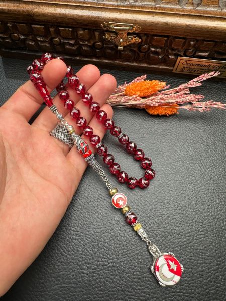 Gümüş  İşlemeli Ateş Kehribar Tesbih