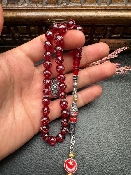 Gümüş  İşlemeli Ateş Kehribar Tesbih