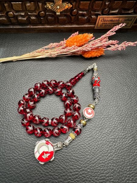 Gümüş  İşlemeli Ateş Kehribar Tesbih