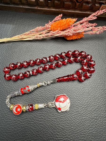 Gümüş  İşlemeli Ateş Kehribar Tesbih