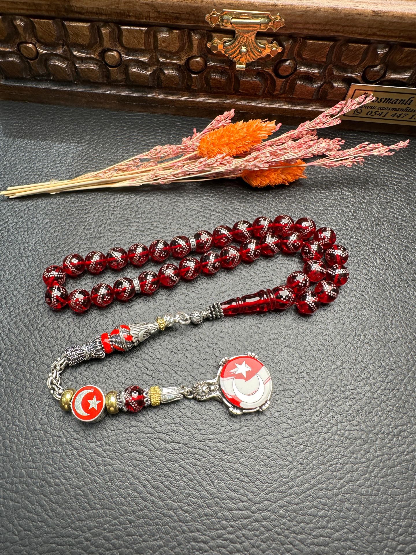 Gümüş  İşlemeli Ateş Kehribar Tesbih