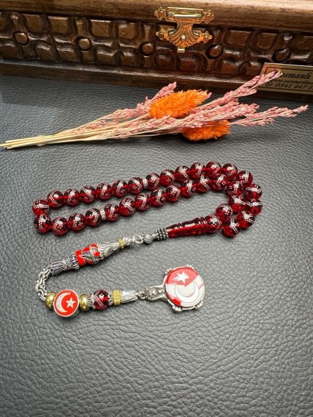 Gümüş  İşlemeli Ateş Kehribar Tesbih