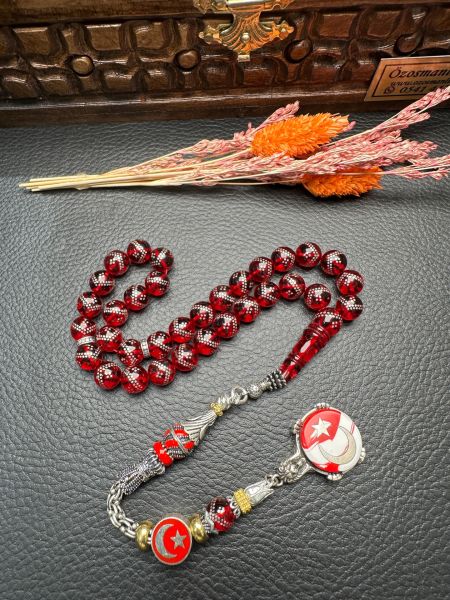 Gümüş  İşlemeli Ateş Kehribar Tesbih