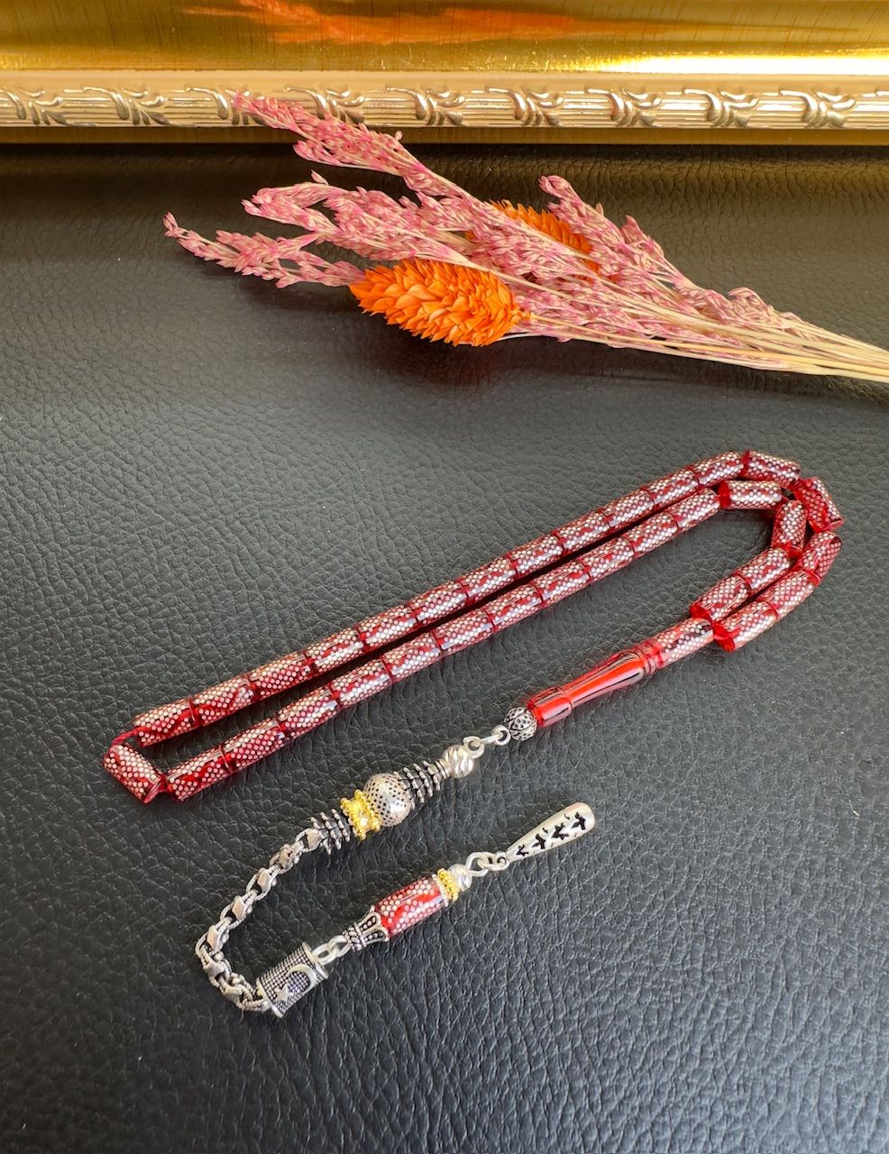 Kesme Model Gümüş İşlemeli Ateş Kehribar Tesbih