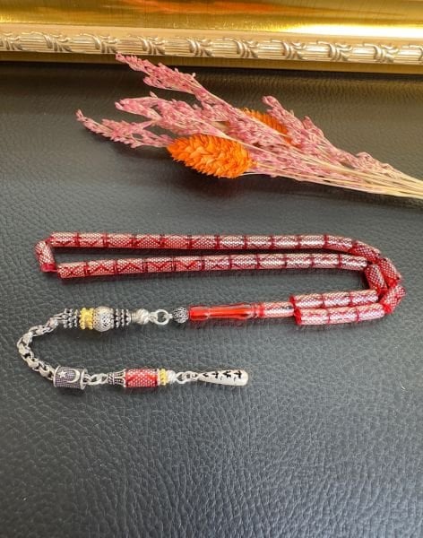 Kesme Model Gümüş İşlemeli Ateş Kehribar Tesbih