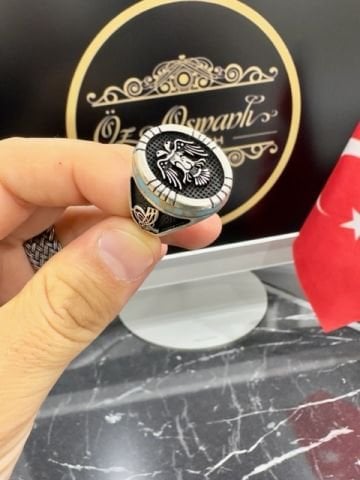 Çift Başlı Kartal Figürlü Gümüş Erkek Yüzük