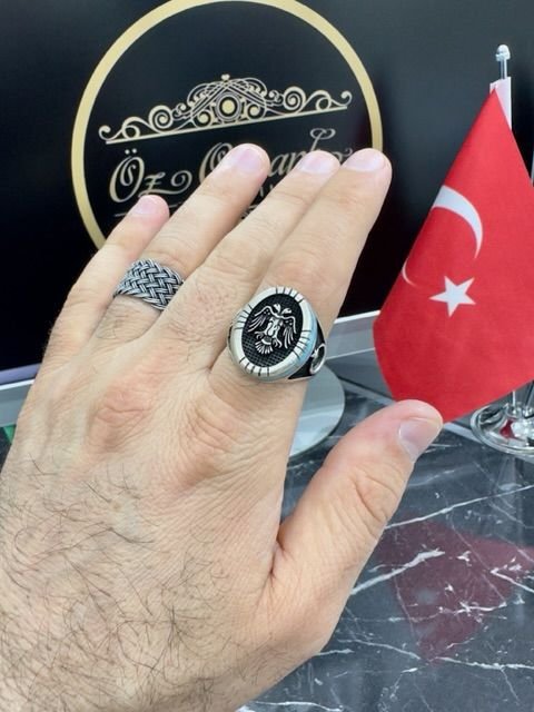 Çift Başlı Kartal Figürlü Gümüş Erkek Yüzük