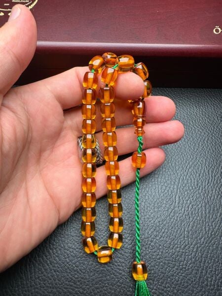 Basık Model Şeffaf Ateş Kehribar Tesbih