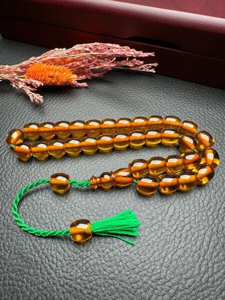 Basık Model Şeffaf Ateş Kehribar Tesbih