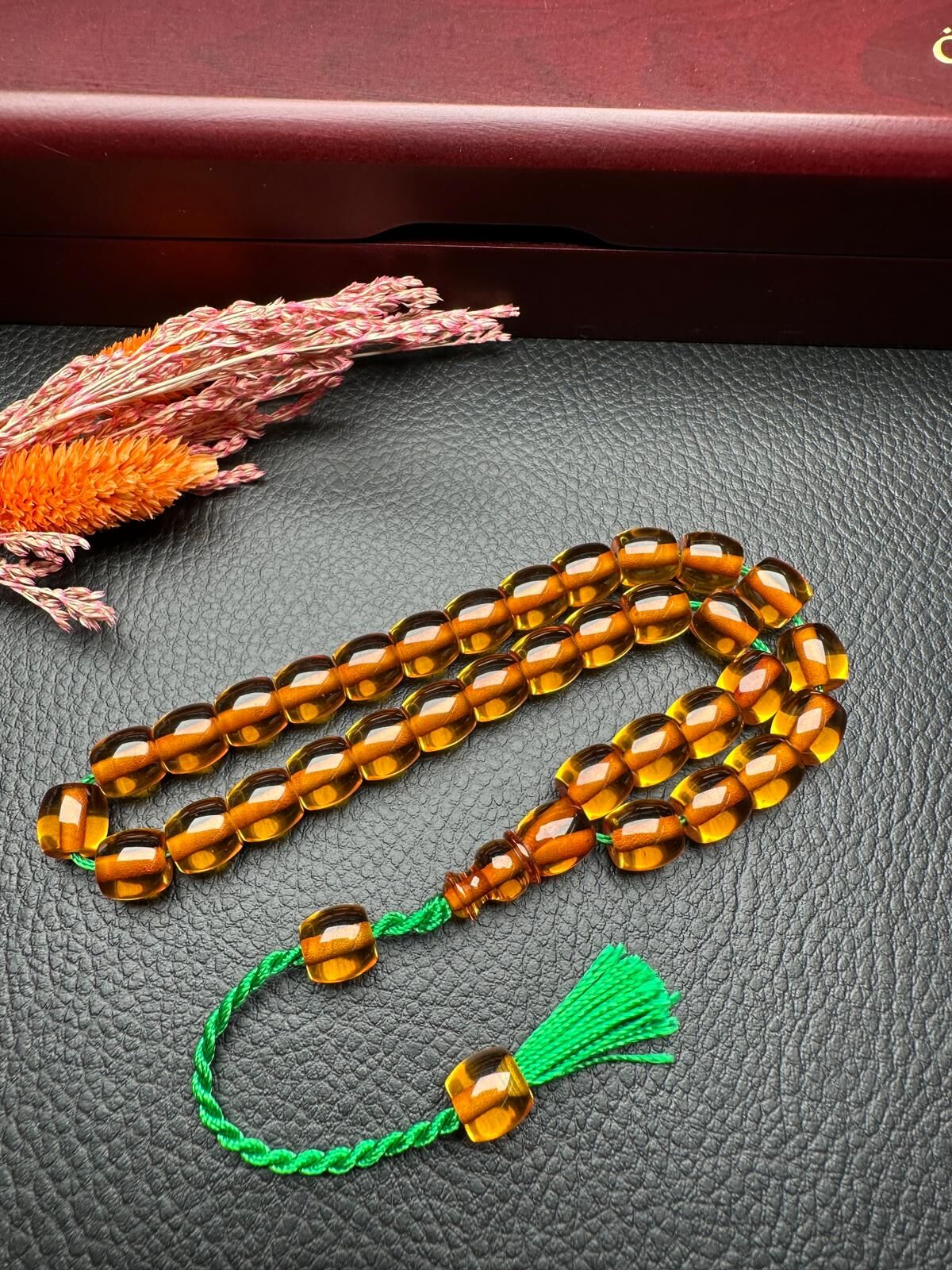 Basık Model Şeffaf Ateş Kehribar Tesbih