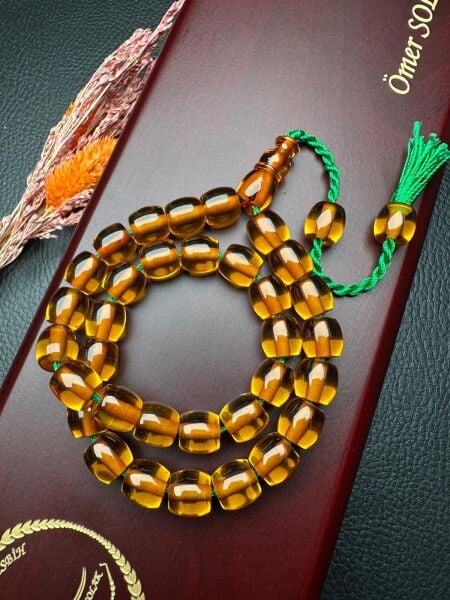 Basık Model Şeffaf Ateş Kehribar Tesbih