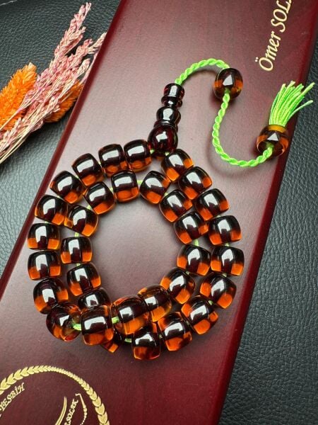 Basık Model Şeffaf Ateş Kehribar Tesbih