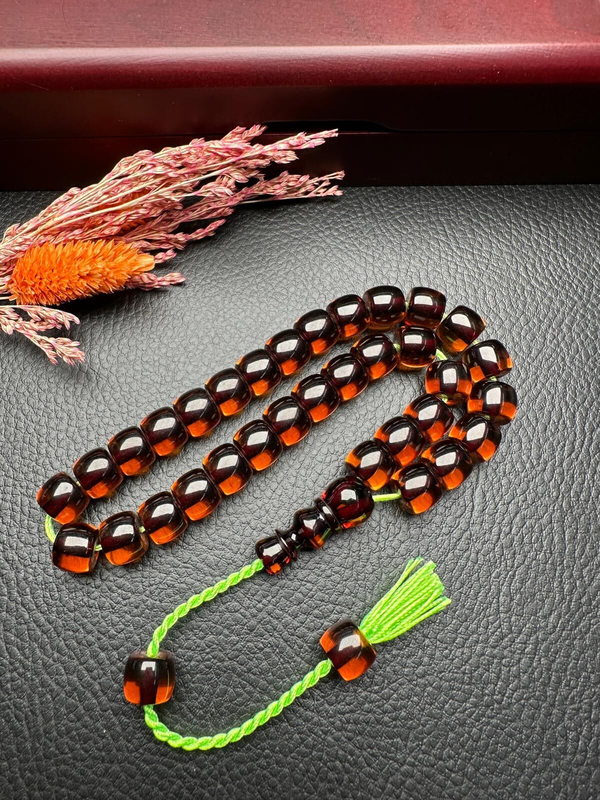 Basık Model Şeffaf Ateş Kehribar Tesbih