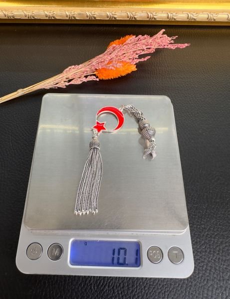 Kırmızı Renk Ayyıldız Model Mine İşlemeli Gümüş Püskül