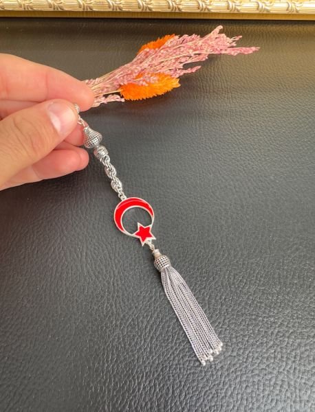 Kırmızı Renk Ayyıldız Model Mine İşlemeli Gümüş Püskül