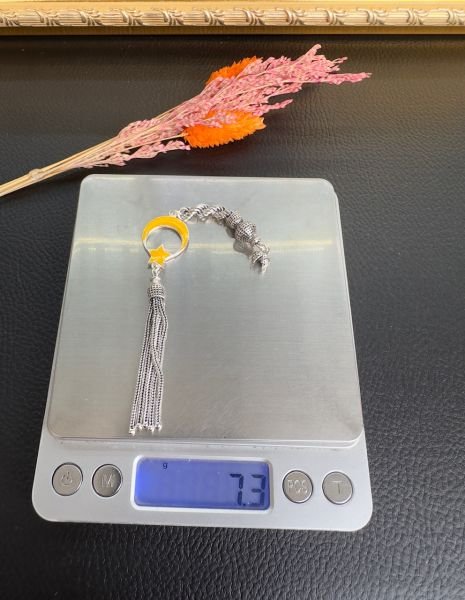 Sarı Renk Ayyıldız Model Mine İşlemeli Gümüş Püskül
