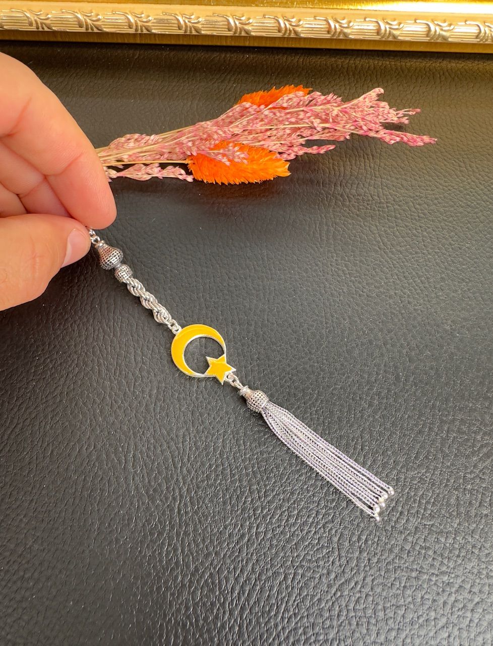 Sarı Renk Ayyıldız Model Mine İşlemeli Gümüş Püskül