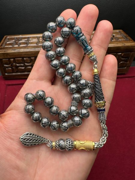 Küre Model Gümüş İşlemeli Ateş Kehribar Tesbih