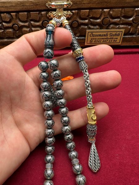 Küre Model Gümüş İşlemeli Ateş Kehribar Tesbih