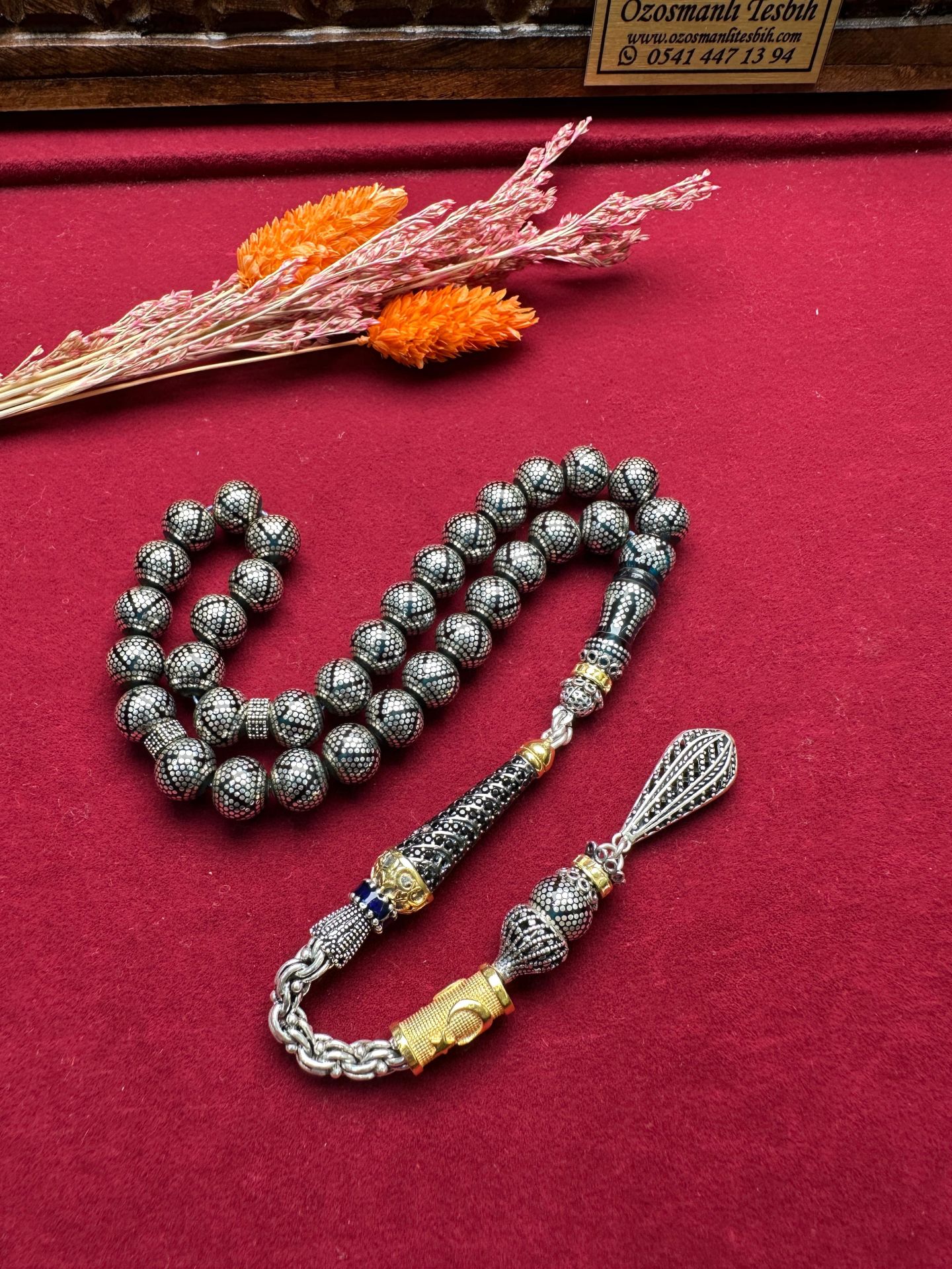 Küre Model Gümüş İşlemeli Ateş Kehribar Tesbih