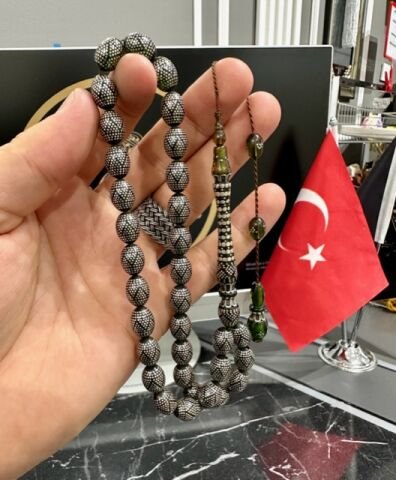 Badem Model Gümüş İşlemeli Yeşil Renk Nakkaş İmame Ateş Kehribar Tesbih